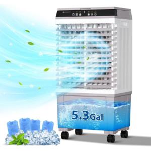 LifePlus Evaporative Air Cooler, 1800CFM Windowless Air Conditioner Portable for Large Room Commercial Garage Outdoor, 3 In 1 Swamp Cooler with Remote Control, 4 Ice Packs, 12H Timer, 5.3 Gallon(5.2Gallon)