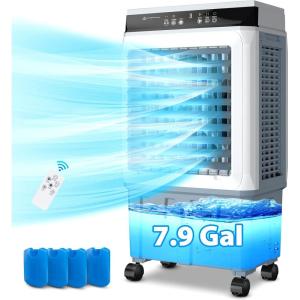 LifePlus Evaporative Air Cooler, 3200 CFM Portable Swamp Cooler with Remote, 7.9 Gallon Portable Air Conditioner with Wheels, 3 Speed Cooling Fan, 4 Ice Packs for Room Garage Patio