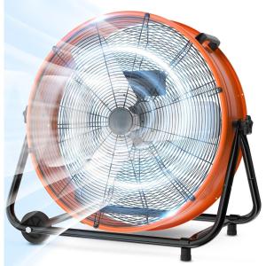 LifePlus 24 Inch Industrial Drum Fan High Velocity Floor Shop Fan 3 Speed, Heavy Duty Metal Air Circulator with Adjustable Tilt & Large Wheel for Warehouse, Garage, Factory, Patio, Barn, Black(Orange)
