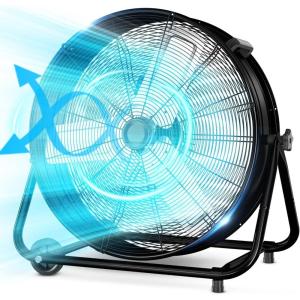 LifePlus 24 Inch Industrial Drum Fan High Velocity Floor Shop Fan 3 Speed, Heavy Duty Metal Air Circulator with Adjustable Tilt & Large Wheel for Warehouse, Garage, Factory, Patio, Barn, Black(Black)