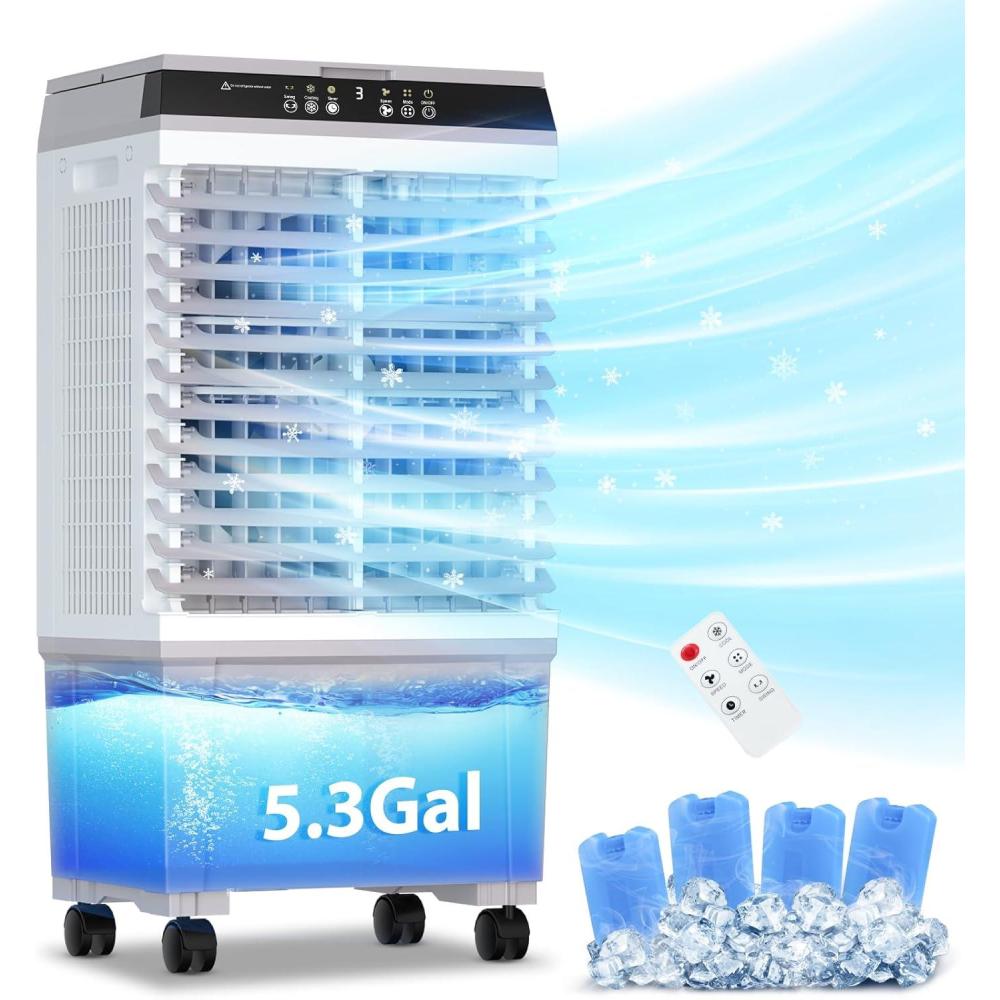 image:imageLifePlus Evaporative Air Cooler 1800 CFM Swamp Cooler Portable Cooling Fan with 53 Gallon Water Tank Remote Control 3 Speed 3 Modes 4 Ice Packs More Cooler for Room Garage PatioGray